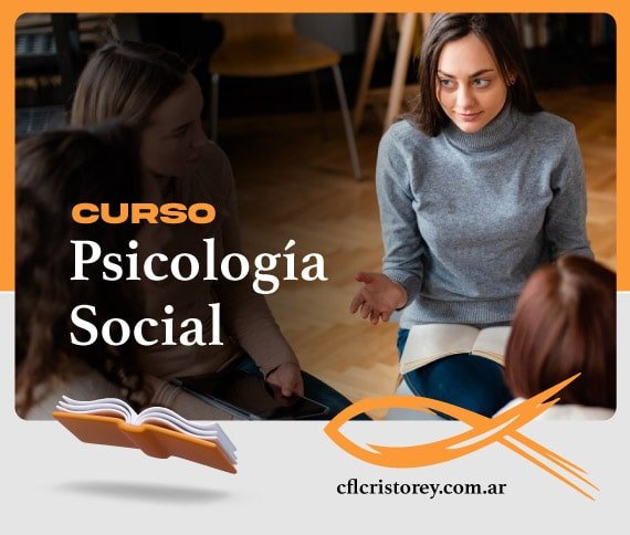 Imagen de un curso titulado 'Curso Psicología Social'. La imagen muestra a un grupo de personas sentadas, participando activamente en una discusión. En primer plano, una persona sostiene un libro, mientras el fondo permanece ligeramente desenfocado para destacar a los participantes. El texto incluye: 'CURSO Psicología Social cflcristorey.com.ar'.